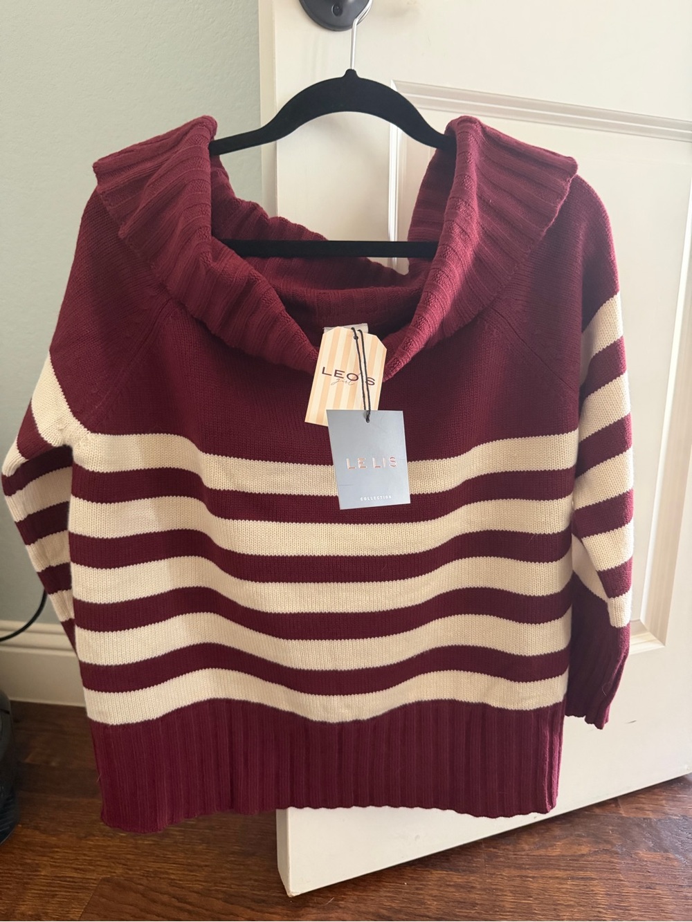 Le Lis Maroon & Cream Striped Cowl Neck Sweater